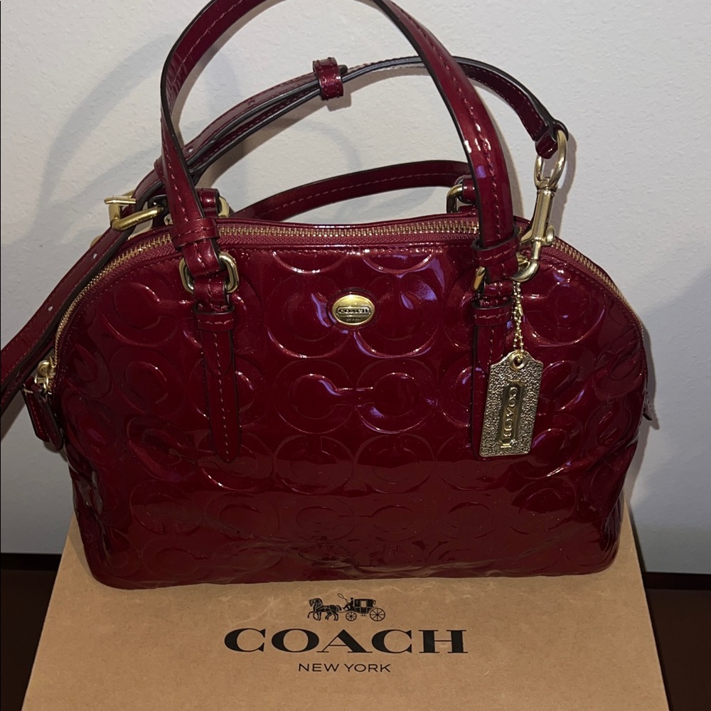 Coach Glossy Red Satchel with Gold Accents